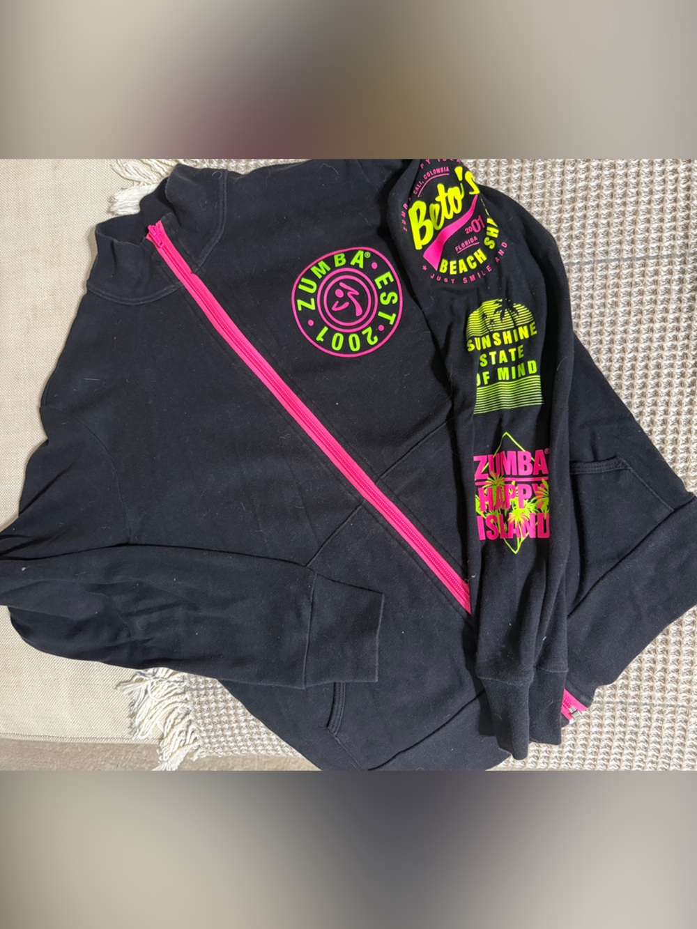 Zumba Fitness Kids Black Hoodie with Neon Pink Zipper and Neon Green/Pink Logos